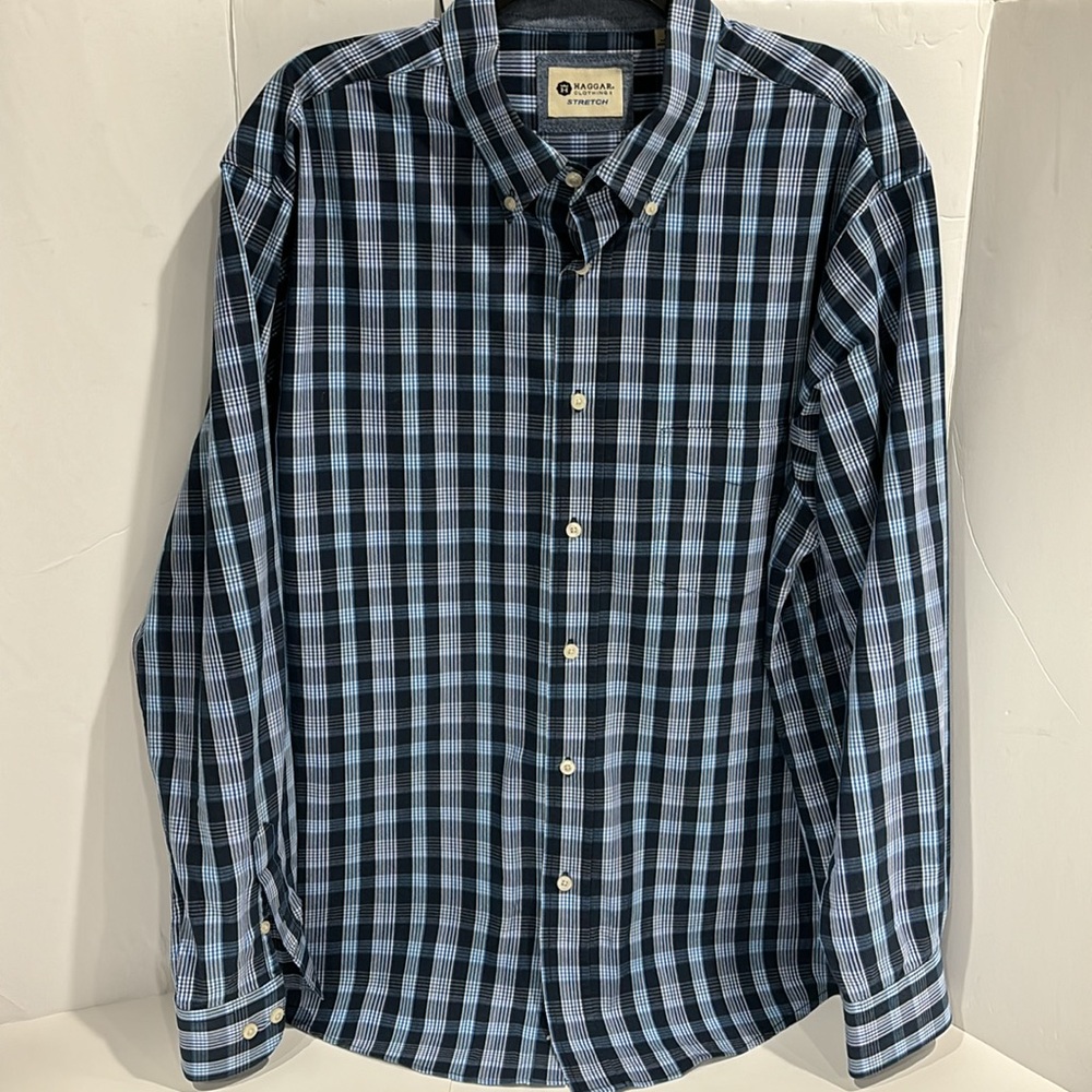 Haggar Long Sleeve Stretch Button Down Collar Front Pocket Blue Plaid Sh…